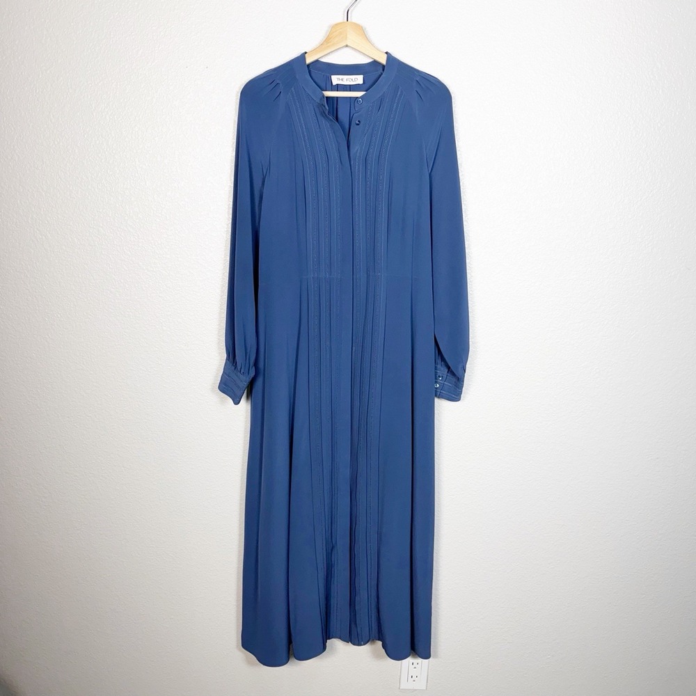 The Fold London Montclair Silk Long Sleeve Maxi Dress Size 10 US Blue Modest